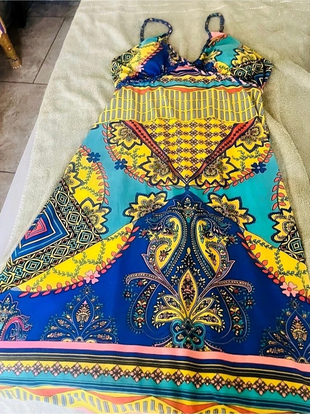 Vintage Christinalove Paisley Knee Length Island Dress in Blue & Yellow Like New